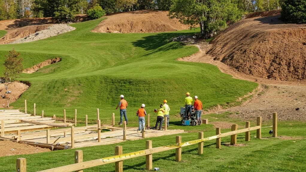 Fence installer checking slope and soil conditions in an uneven yard