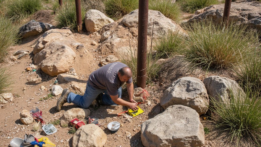 Fence post holes being dug in rocky soil during fence installation
