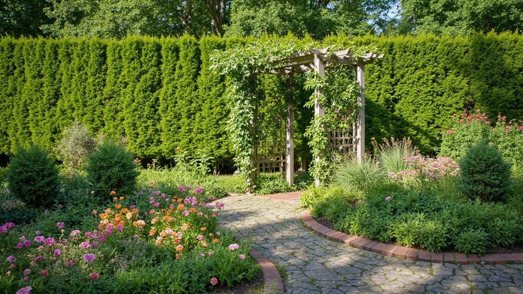 Natural privacy fence created with dense hedges and landscaping plants