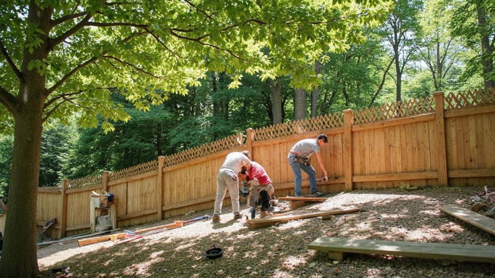 Fence installation on sloped ground using racked and stepped fence sections