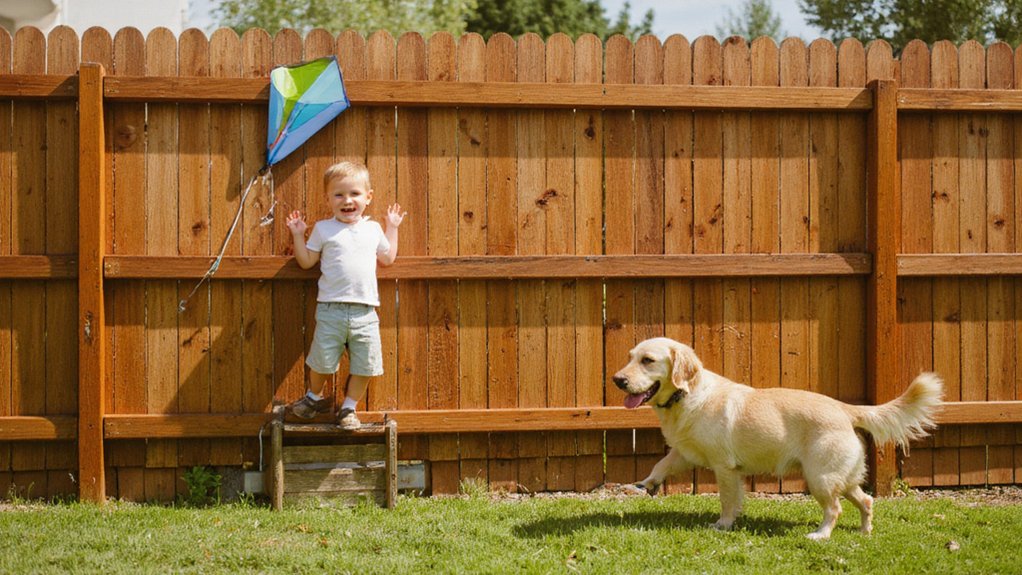 Children playing safely inside a fenced backyard