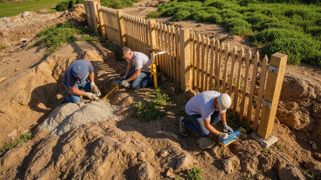 Fence posts secured with concrete and gravel on uneven ground