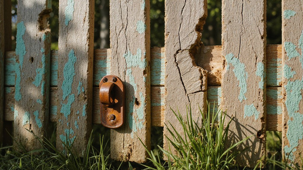 Old fence with leaning posts, cracks, and visible wear needing replacement