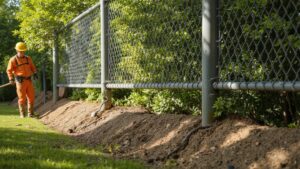 Fence being installed on uneven ground with level posts and panels