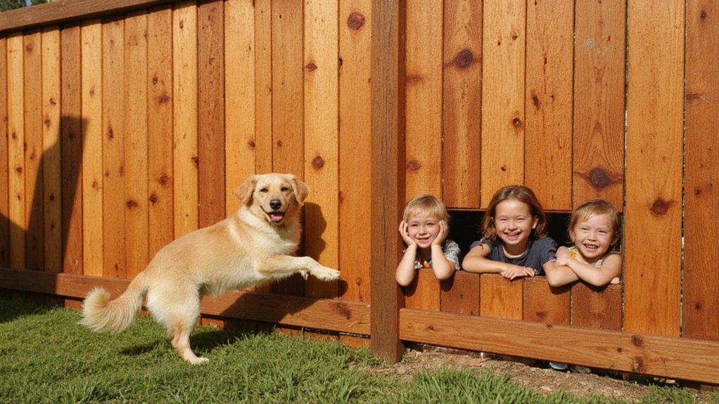 Wood fence preventing dogs from escaping the yard