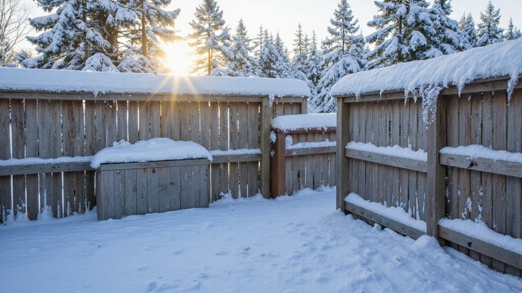 Durable fence holding up during heavy snow and freezing Canadian winter