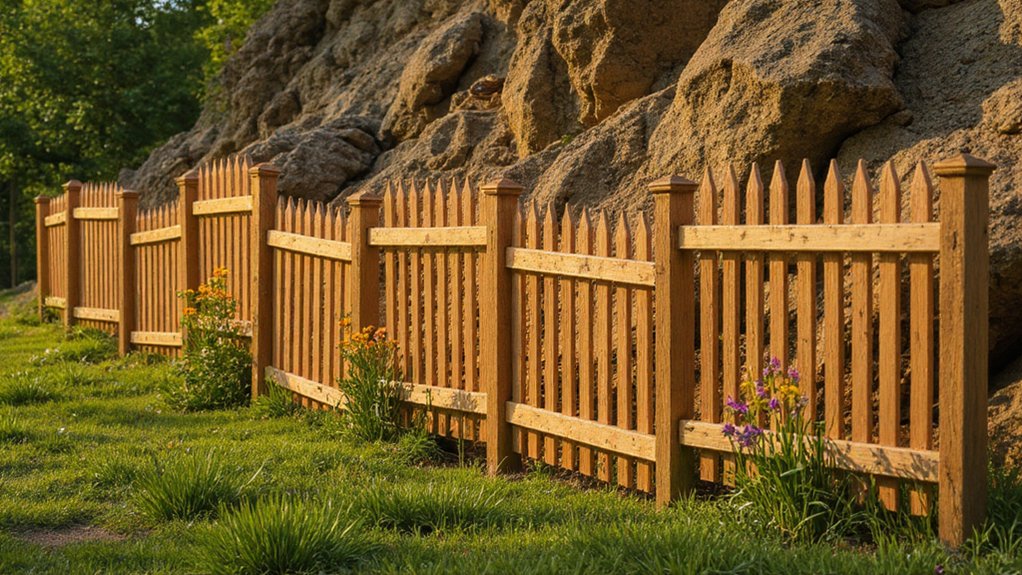 Fence posts and panels being installed on a sloped yard