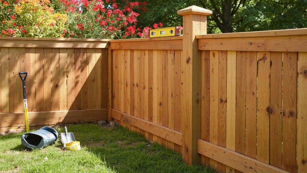 Fence being leveled properly on uneven and sloped ground