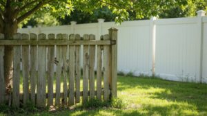 Damaged backyard fence showing sections that may need repair or full replacement
