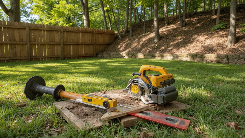Tools and materials needed for installing a fence on uneven ground