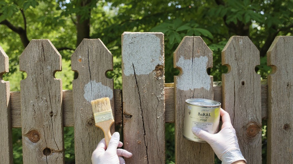 Inspecting a wood fence for rot insect damage and loose boards