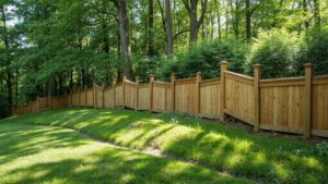 Wood fence installed on a sloped yard using a stepped design