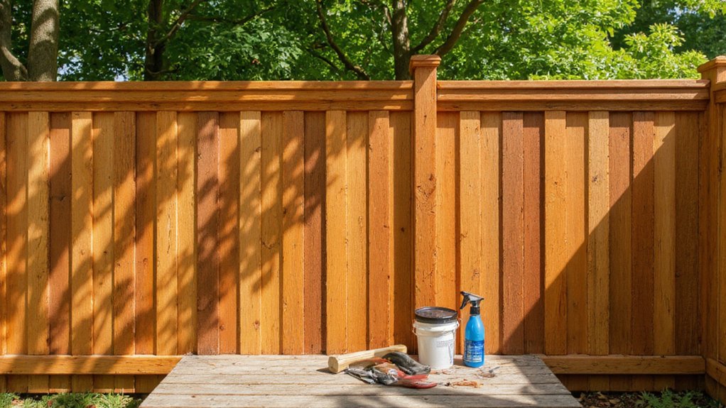 Applying stain and sealant to protect a wood fence from moisture and sun