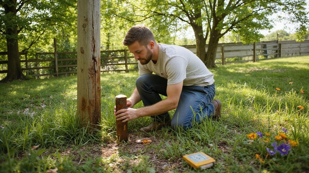Boundary markers and survey pins identifying residential property lines