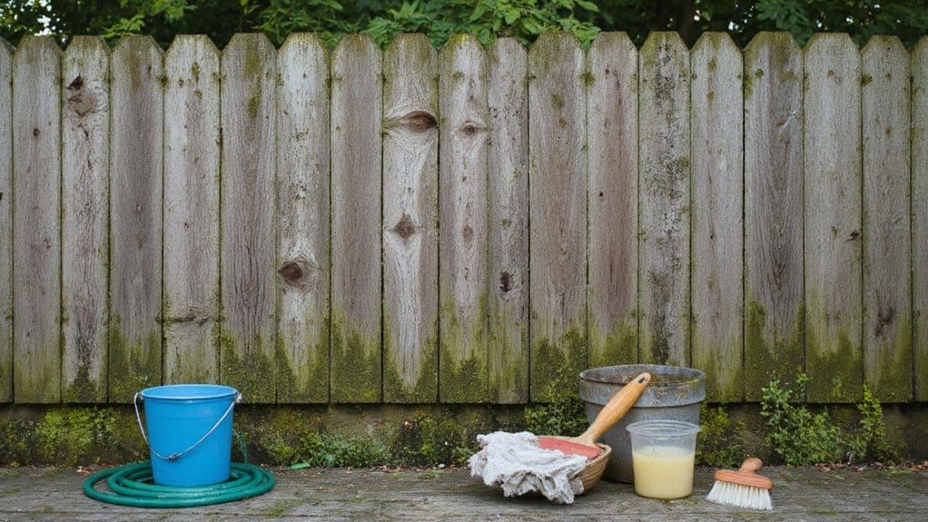 Homeowner cleaning a wood fence with brush and mild detergent solution