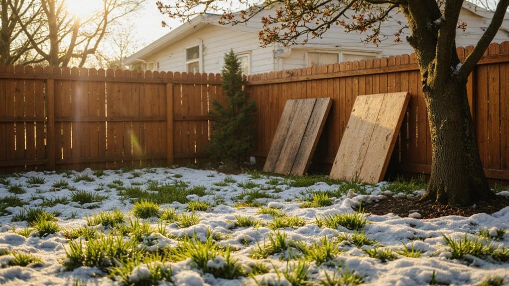 Fence contractor installing posts in residential yard during mild weather conditions