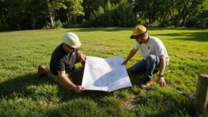 Fence installer measuring property boundary before installing a residential fence