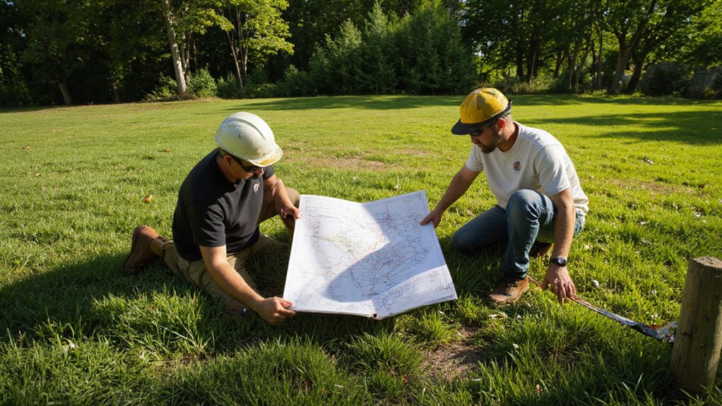Fence installer measuring property boundary before installing a residential fence
