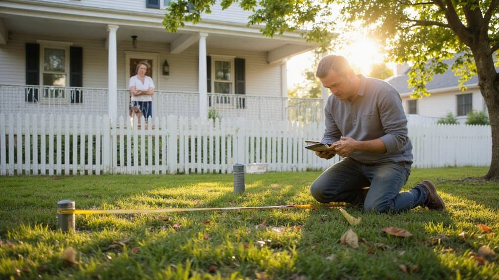 Homeowner discussing fence placement and property boundaries with contractor