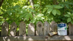 Wood fence in a residential backyard showing natural wood finish and proper maintenance