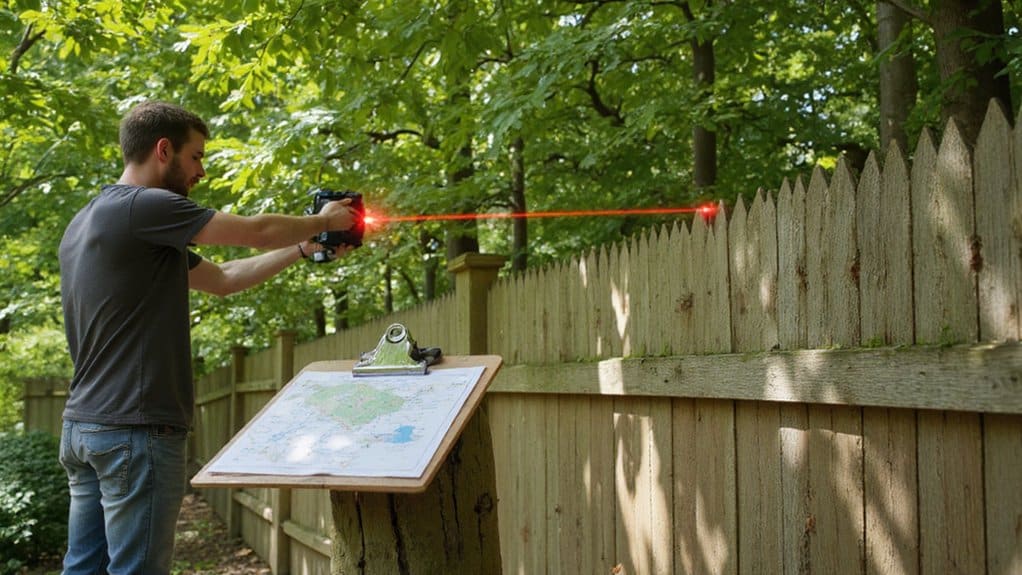 Contractor using laser measuring device to mark fence installation layout