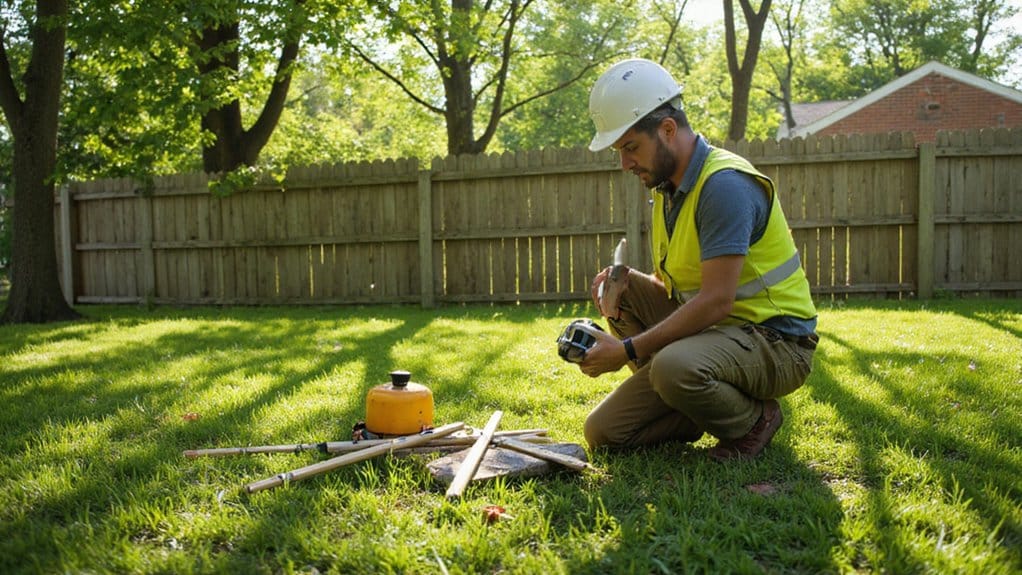 Licensed land surveyor measuring residential property boundaries
