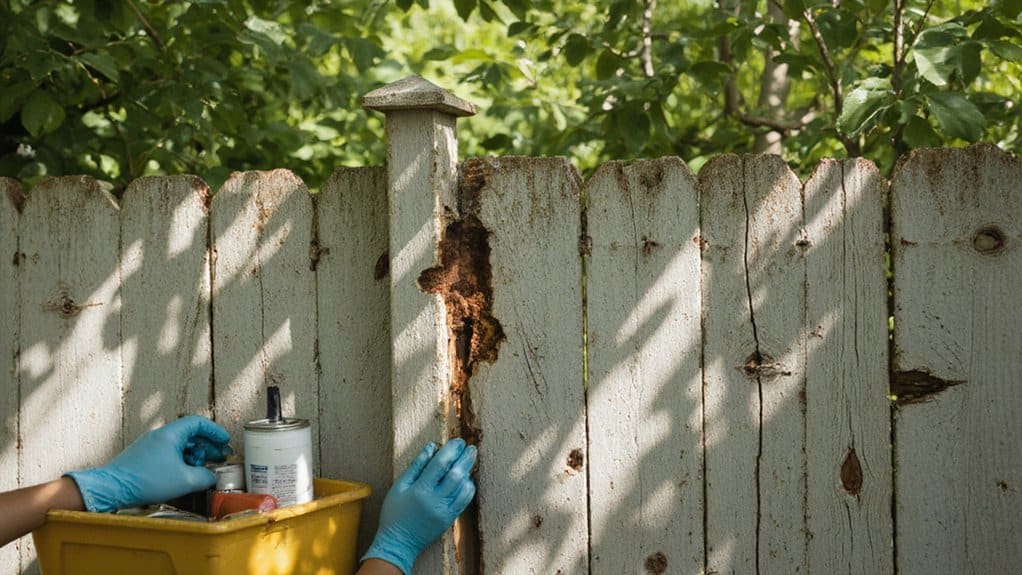 Fence contractor repairing leaning wood fence post in residential yard