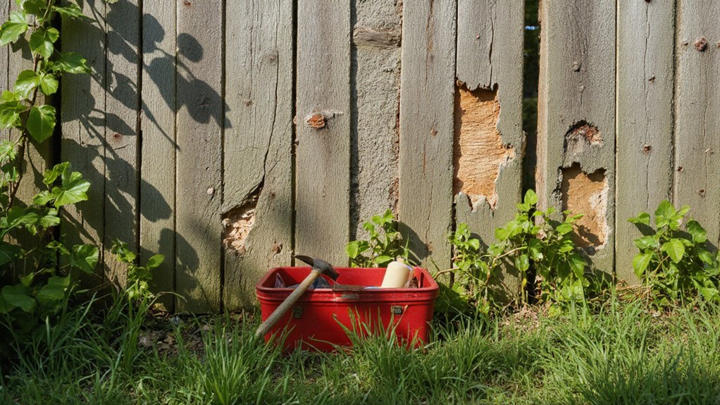 Repairing damaged and rotting wood fence board during routine upkeep