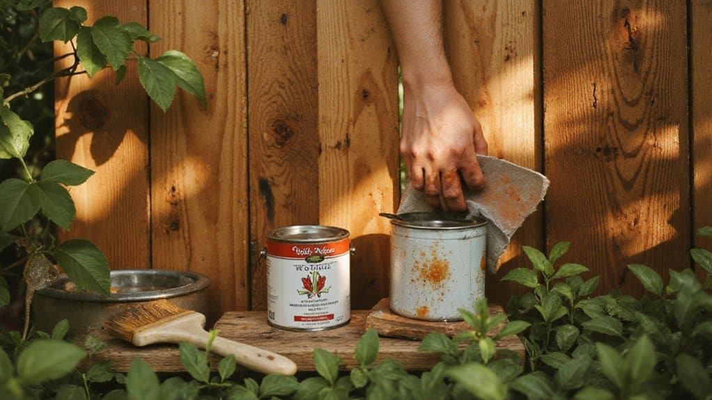 Inspecting wood fence boards for damage and loose fasteners during maintenance