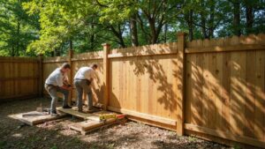 Professional fence installers installing a wood privacy fence in a residential backyard