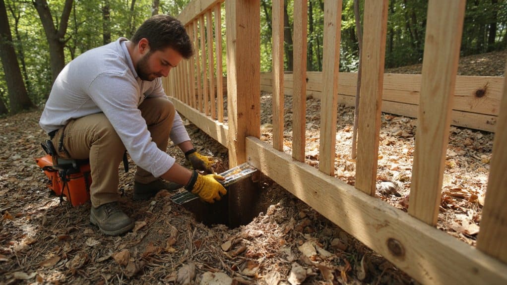 Fence installation process in a residential property with installers working on posts