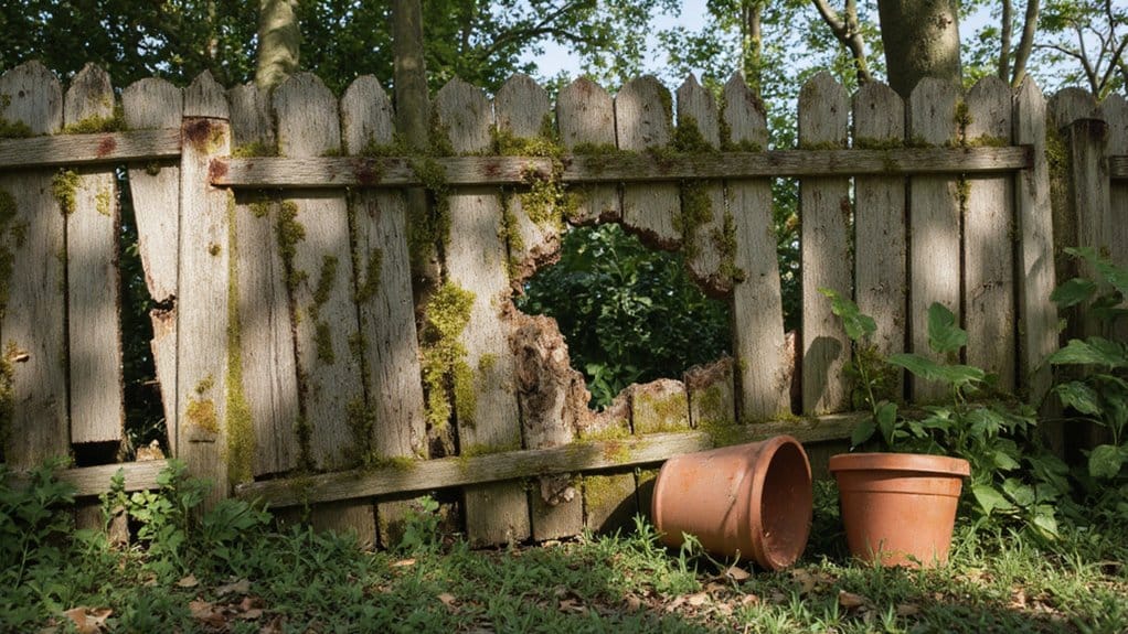 wood fence with broken panels and rot showing signs a fence is beyond repair