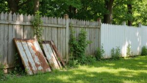 damaged wooden fence showing rot and leaning panels indicating when a fence should be replaced instead of repaired