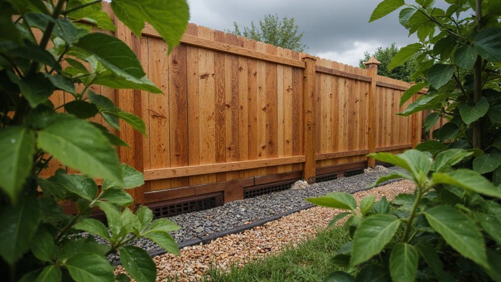 Drainage system around fence to prevent water damage and soil buildup