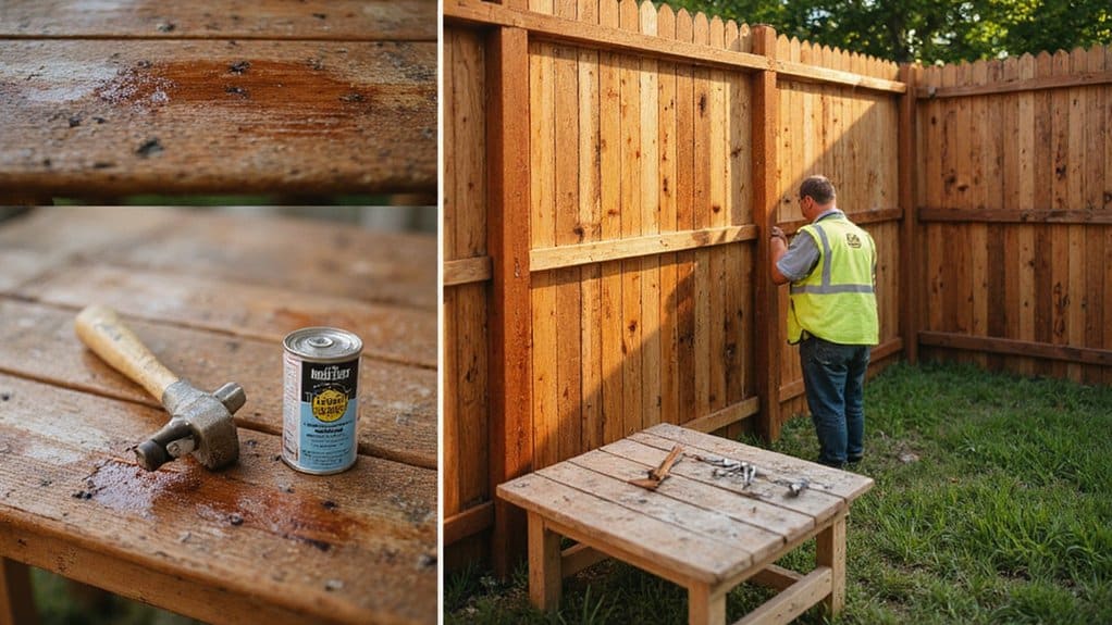 Repairing fence with tools showing both DIY fixes and professional work