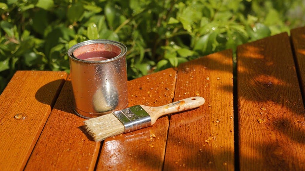 Applying sealant or wood treatment to protect fence from moisture and sun