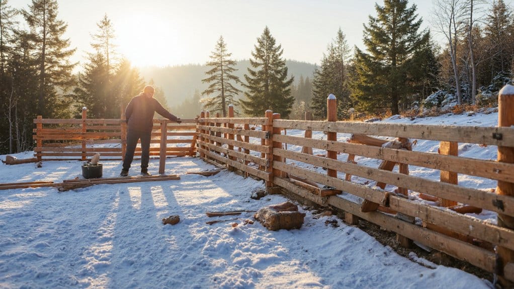 Newly installed fence in a snowy yard during winter