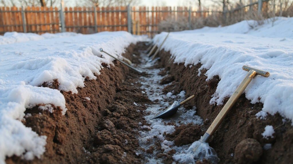 Preparing ground for fence installation in winter with cleared snow area