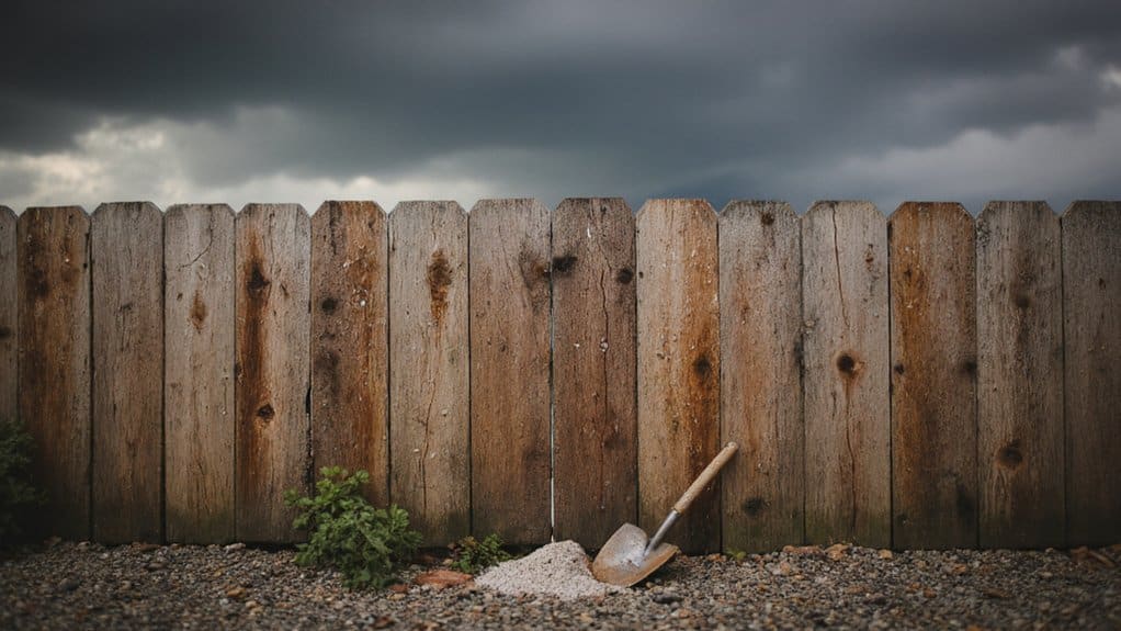 Fence showing damage from rain, sun, and wind exposure