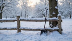 Fence installation in winter with workers digging into frozen ground