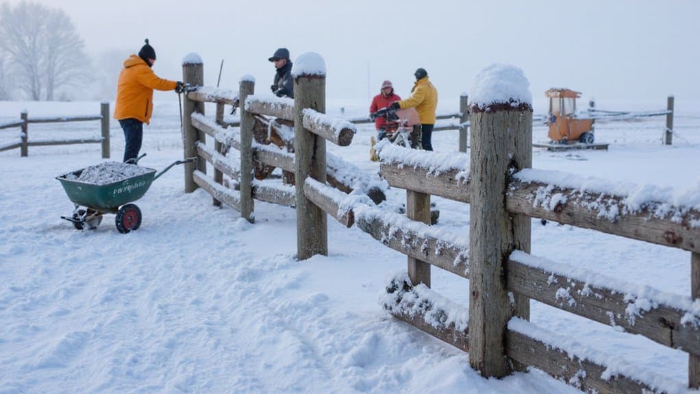 Worker handling frozen ground during winter fence installation