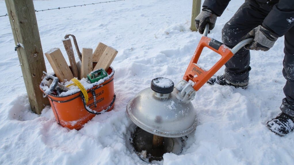 Tools used for winter fence installation including auger and post hole digger