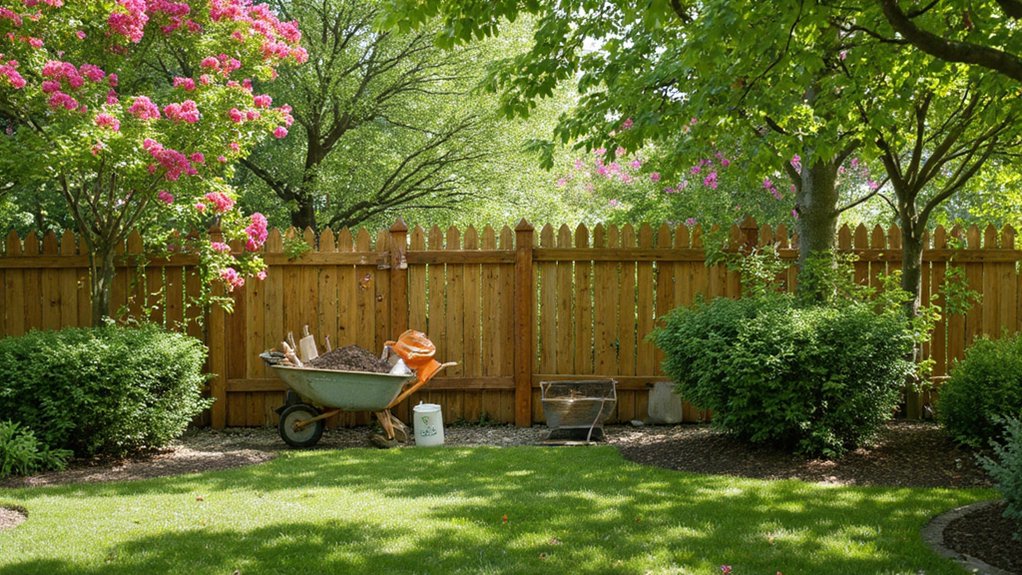 Fence installation project during mild weather in a landscaped backyard