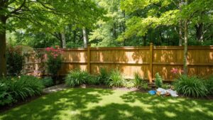 Wood privacy fence installed beside a landscaped backyard with healthy plants and flower beds