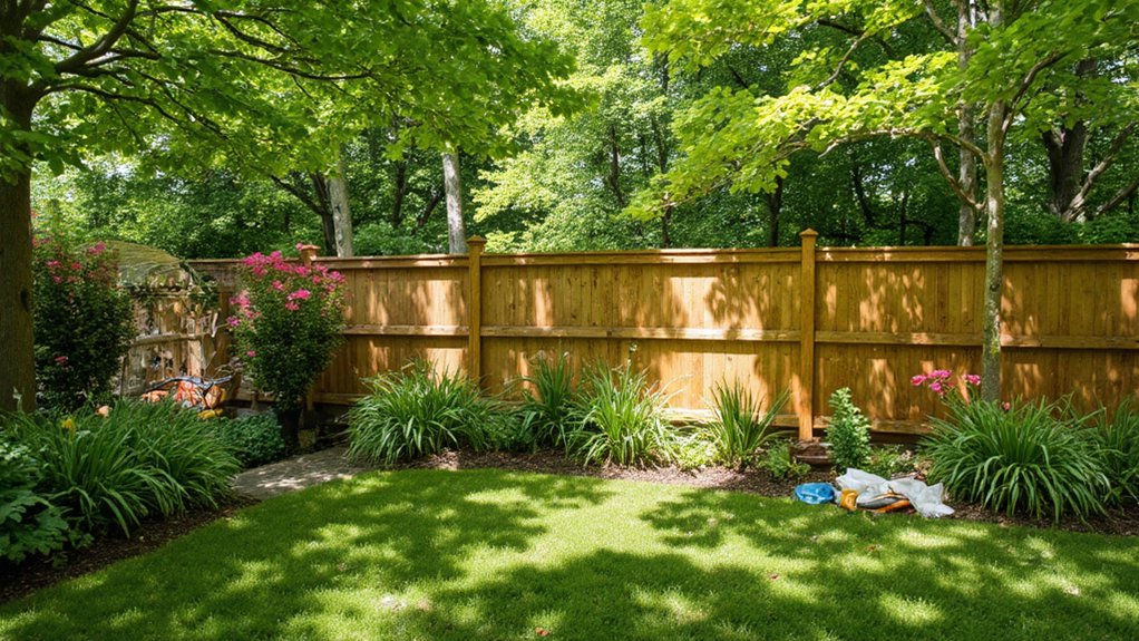 Wood privacy fence installed beside a landscaped backyard with healthy plants and flower beds