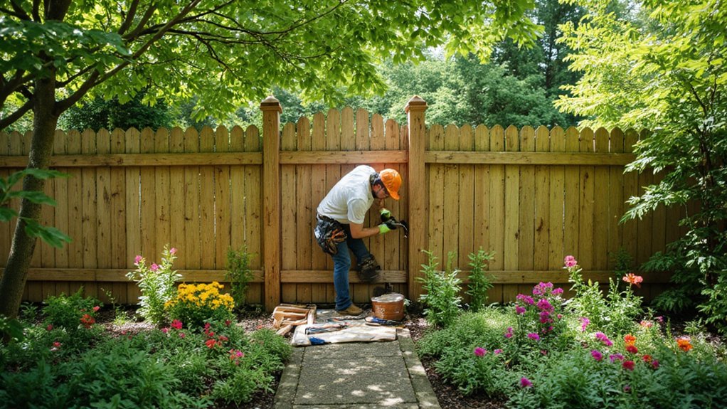 Fencing contractor discussing backyard fence installation with homeowner