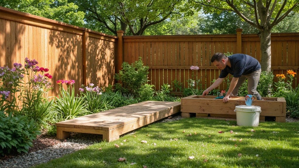 Wood and vinyl fence styles installed in a landscaped residential backyard
