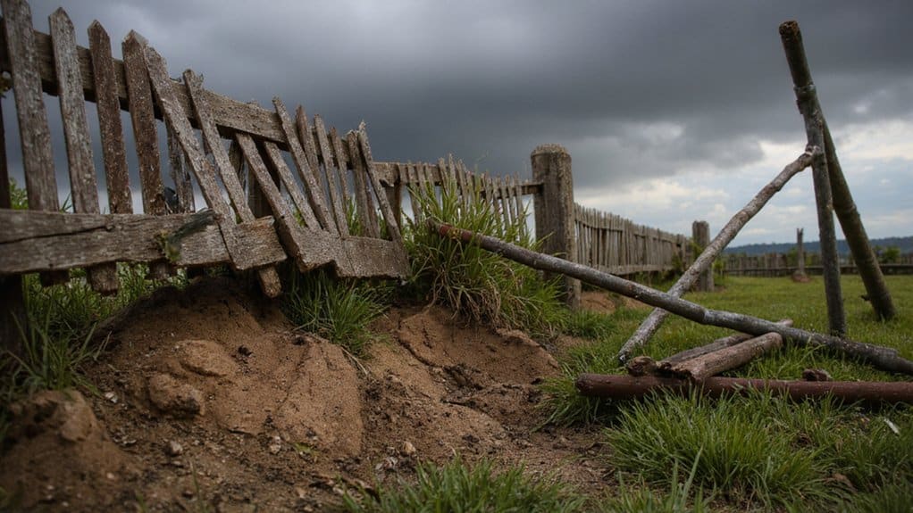 Leaning backyard fence caused by heavy rain, strong winds, and soil erosion