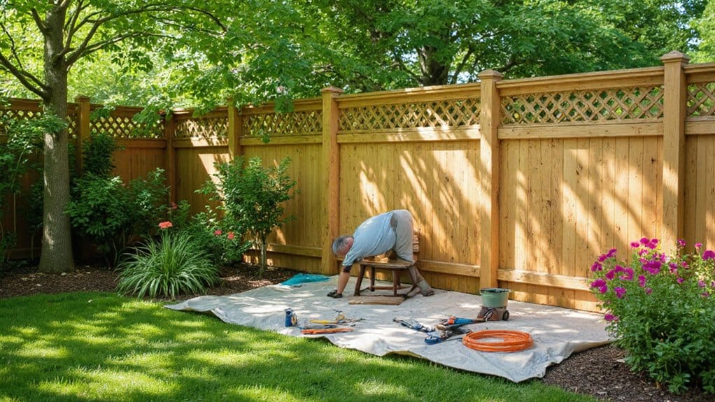 Fence installation work near damaged landscaping and garden areas