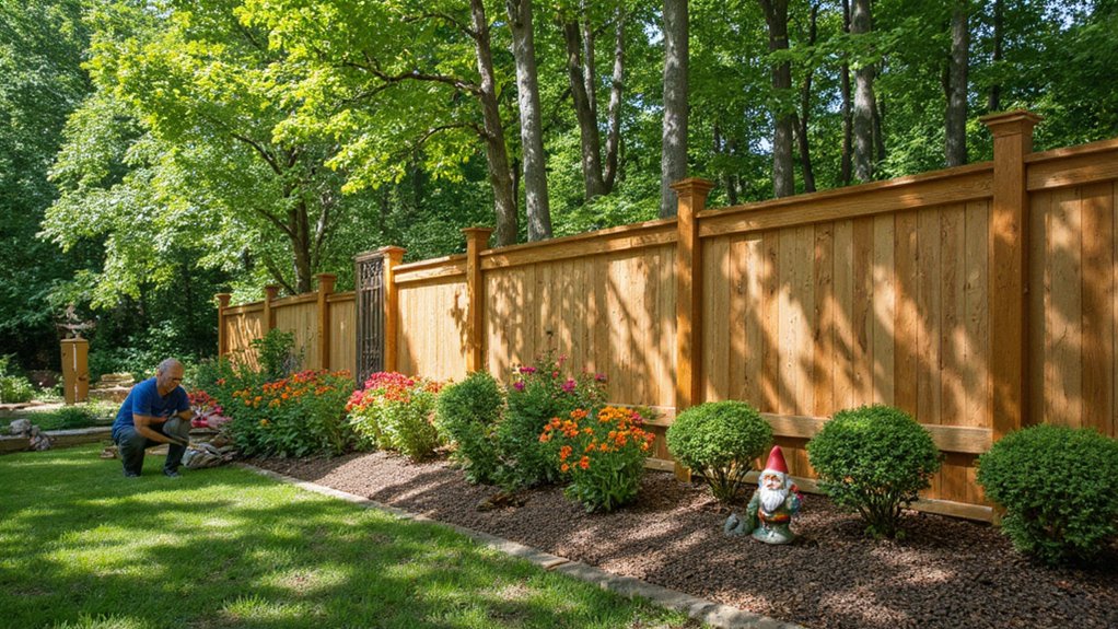 Homeowner checking garden layout and plants before fence installation